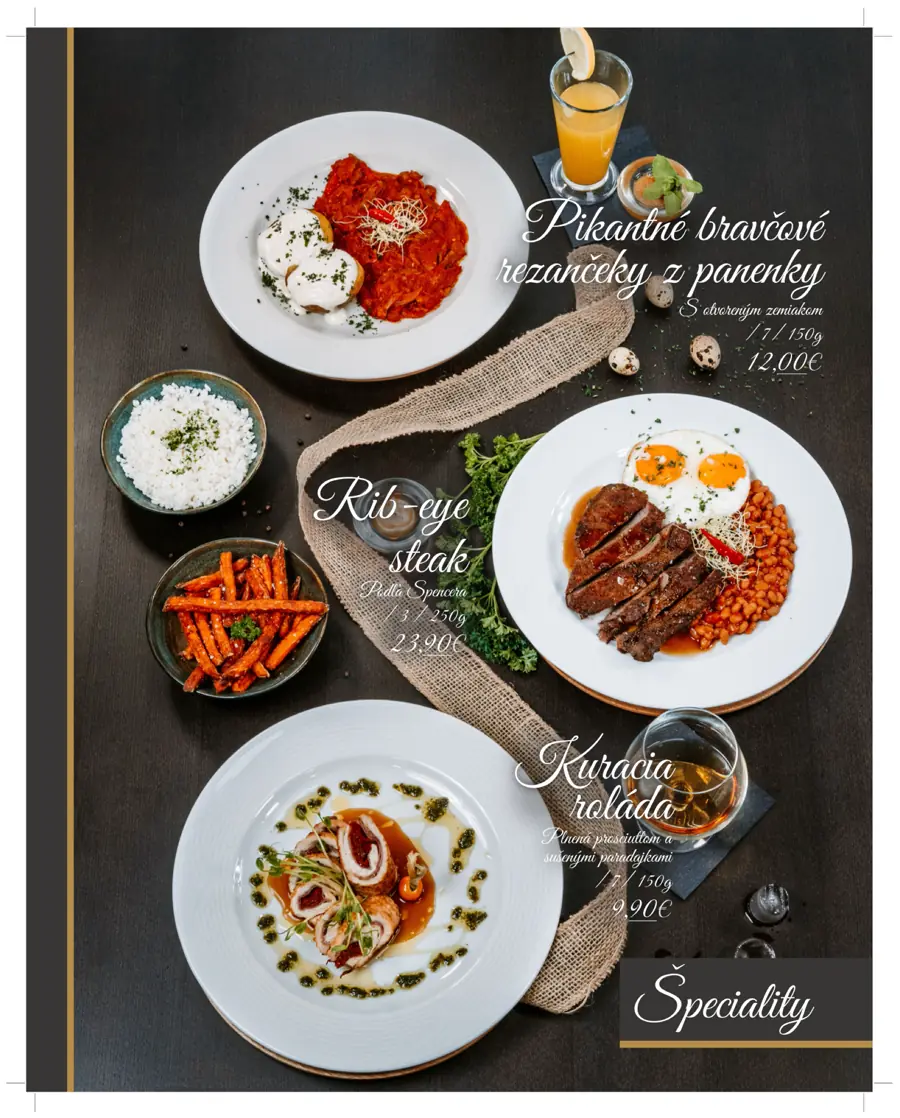 Dvojstrana reštauračného menu Floriánov dvor s fotkami jedál